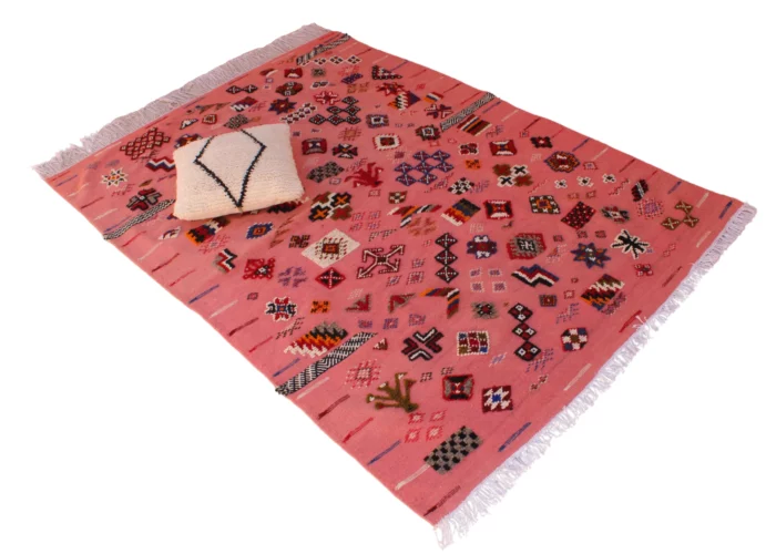 Intricately woven Moroccan rug with geometric patterns