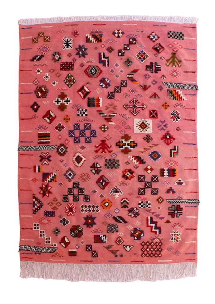 Vintage-Inspired Pink Moroccan Wool Rug with Geometric Motifs